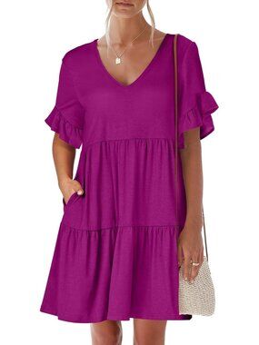 Anrabess Women's Fuchsia Neck Ruffle Sleeve A Line Tiered Mini Flowy Dress